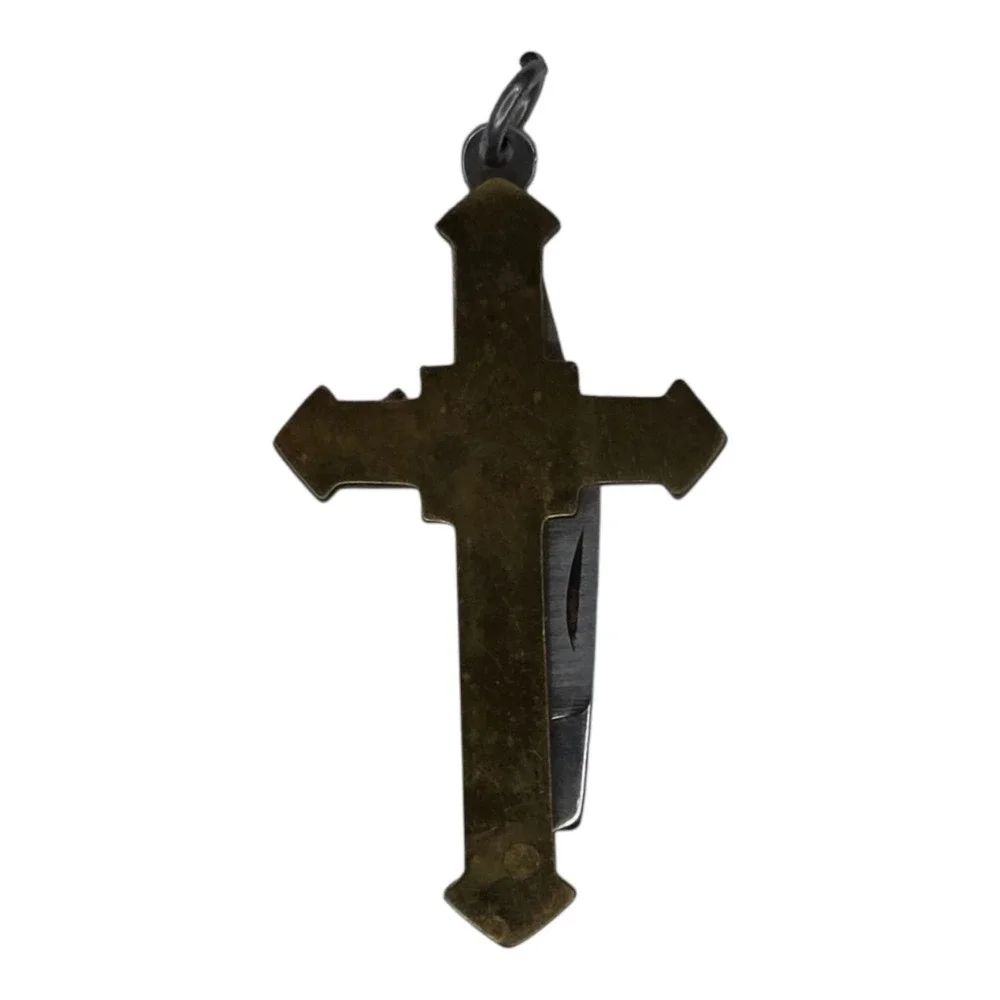 Vintage Pocket Knife Brass OS Gold Cross Pendant Folding Blade Pakistan